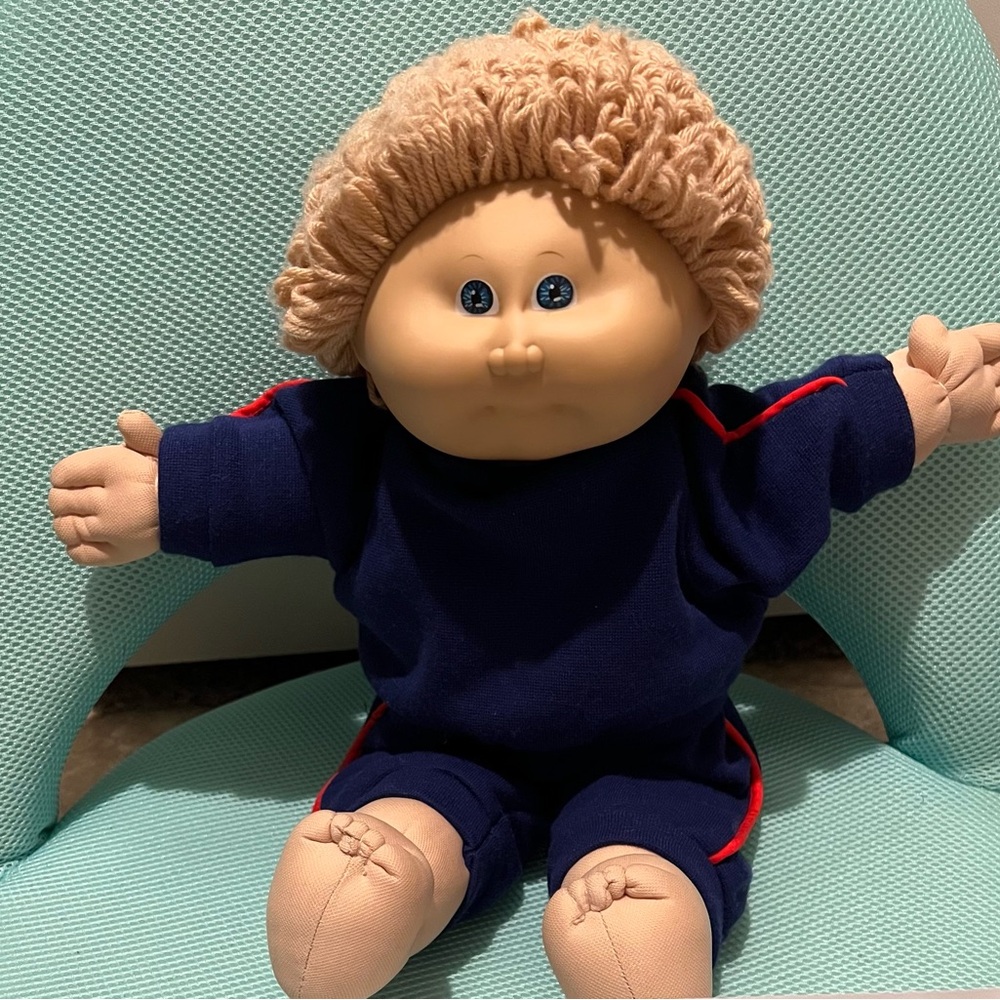Classic Plush Cabbage Patch-Style Doll in Navy with Blonde Hair
